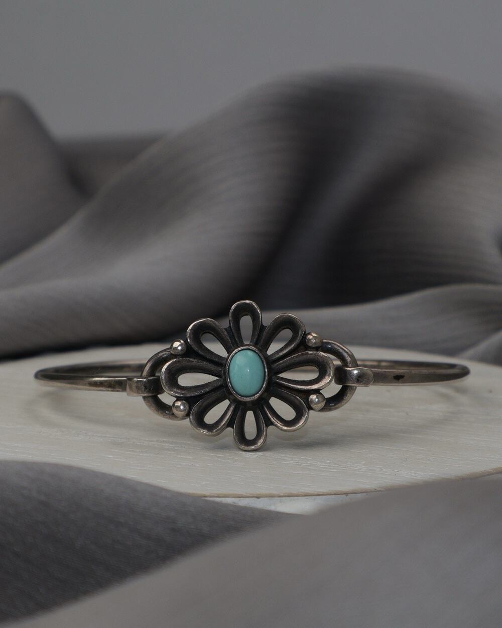 Retired James Avery Sterling Flower Turquoise Bangle Bracelet 12.89G /6in